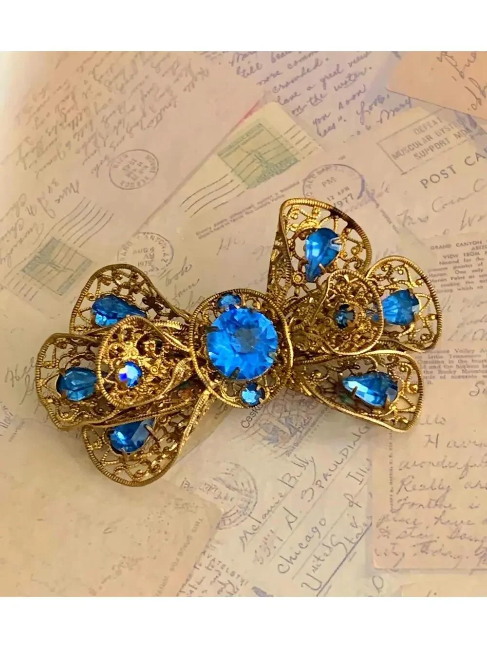 Vintage Blue Rhinestone Bow Brooch | Filigree Pin | Mid-Century Jewelry